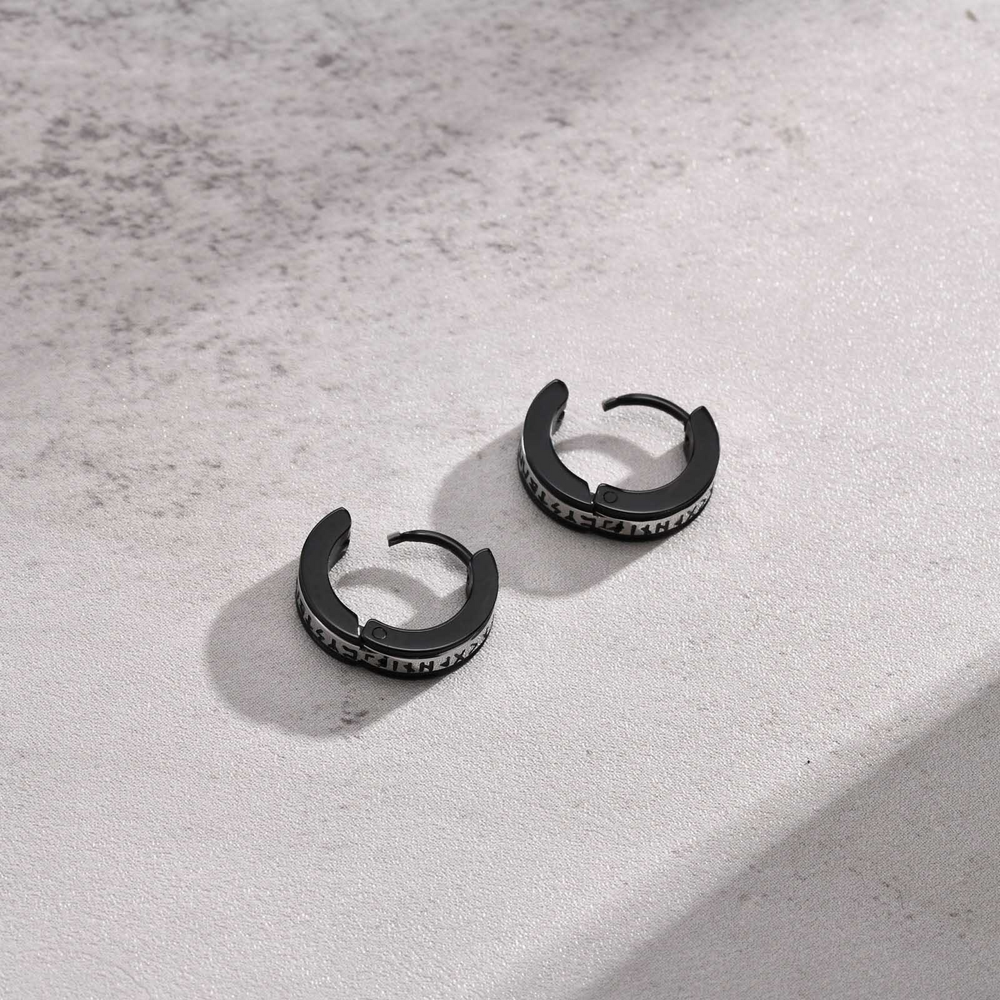 Kemstone Stainless Steel Viking Rune Hoop Earrings – Black IP Engraved Huggie for Men EH-536SB