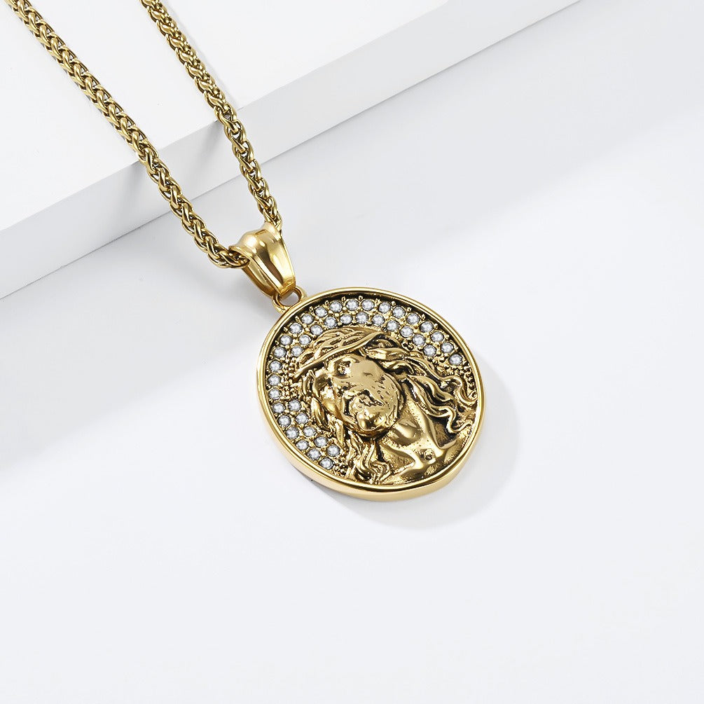 Kemston Stainless Steel Oval Portrait Pendant Necklace for Men Vintage Thorn Detail K-PT730