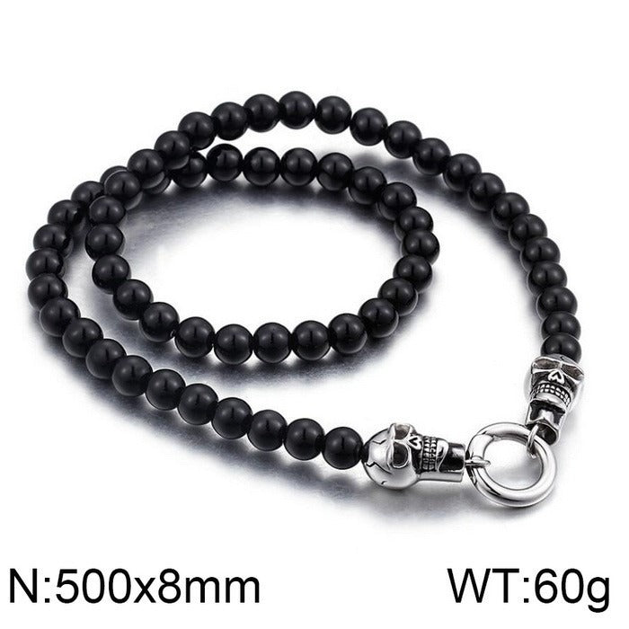 Kemstone Black Onyx Skull Bead Bracelet & Necklace – Titanium Steel with Cubic Zirconia Detail for Men B81841-BD