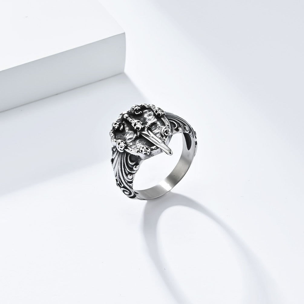 Kemstone Titanium Steel Skull Sword Ring – Gothic Vintage Band K-R830