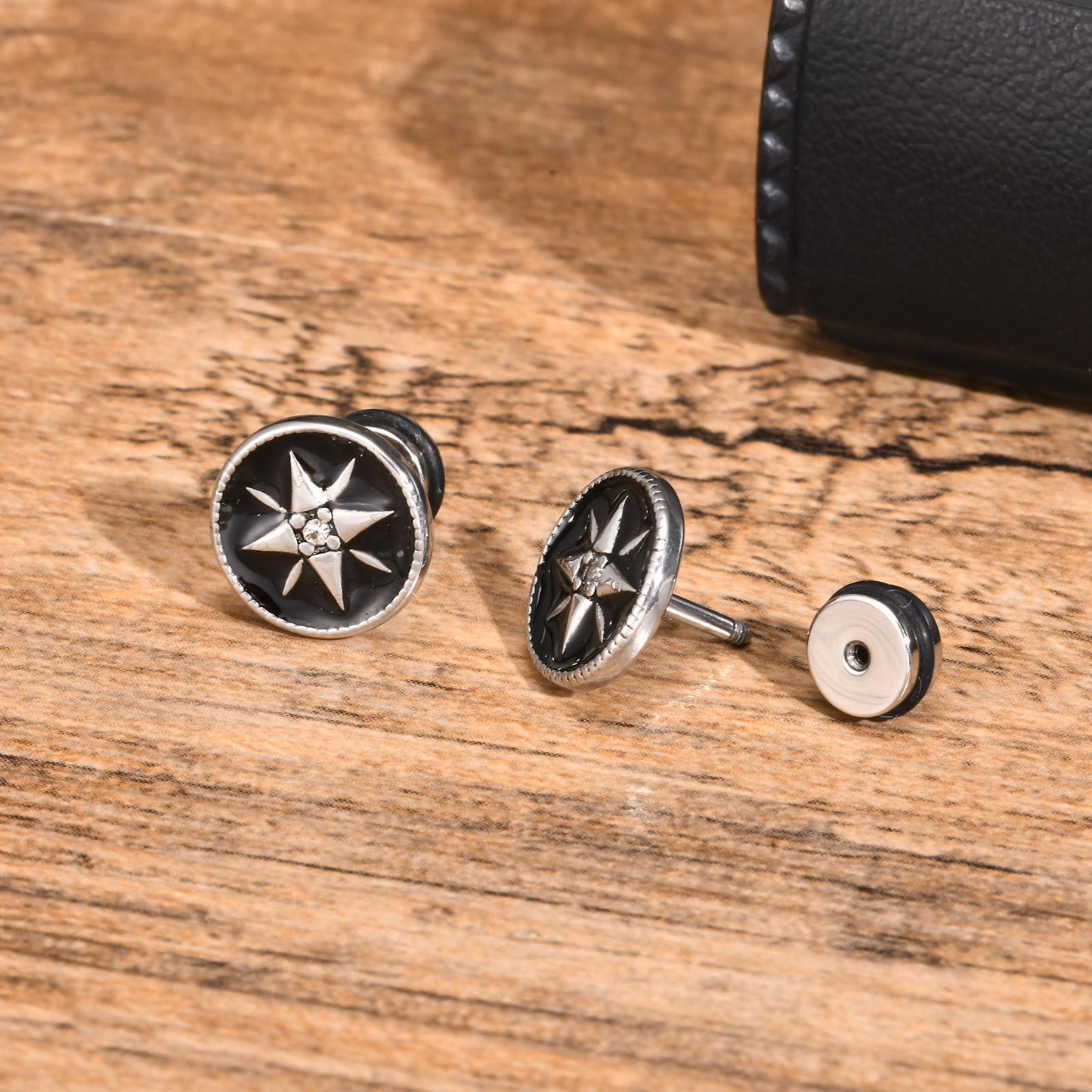 Kemstone Men’s Stainless Steel Eight-Point Star Stud Earrings – Black Vintage ES-555