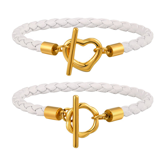 Pulsera Kemstone de acero inoxidable con cierre floral OT y correas de piel blanca flexible - Joyería minimalista moderna para mujer BL-779