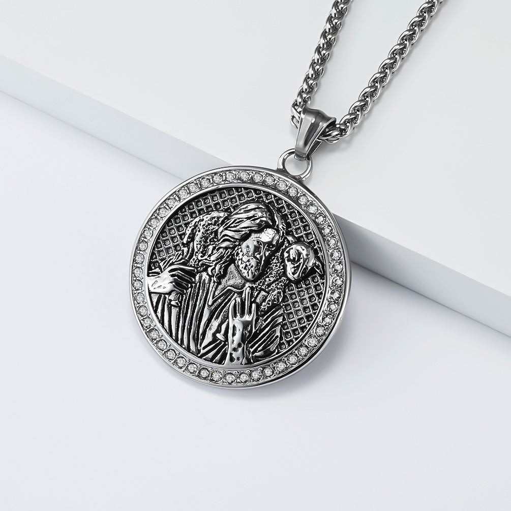 Kemstone Stainless Steel Guardian Figure Relief Pendant Necklace – Vintage Medallion Style K-PT688