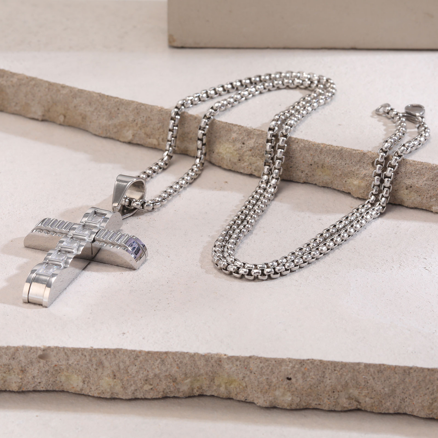 Kemstone Stainless Steel Cross Pendant Necklace for Men Square Cubic Zirconia Silver PN2058