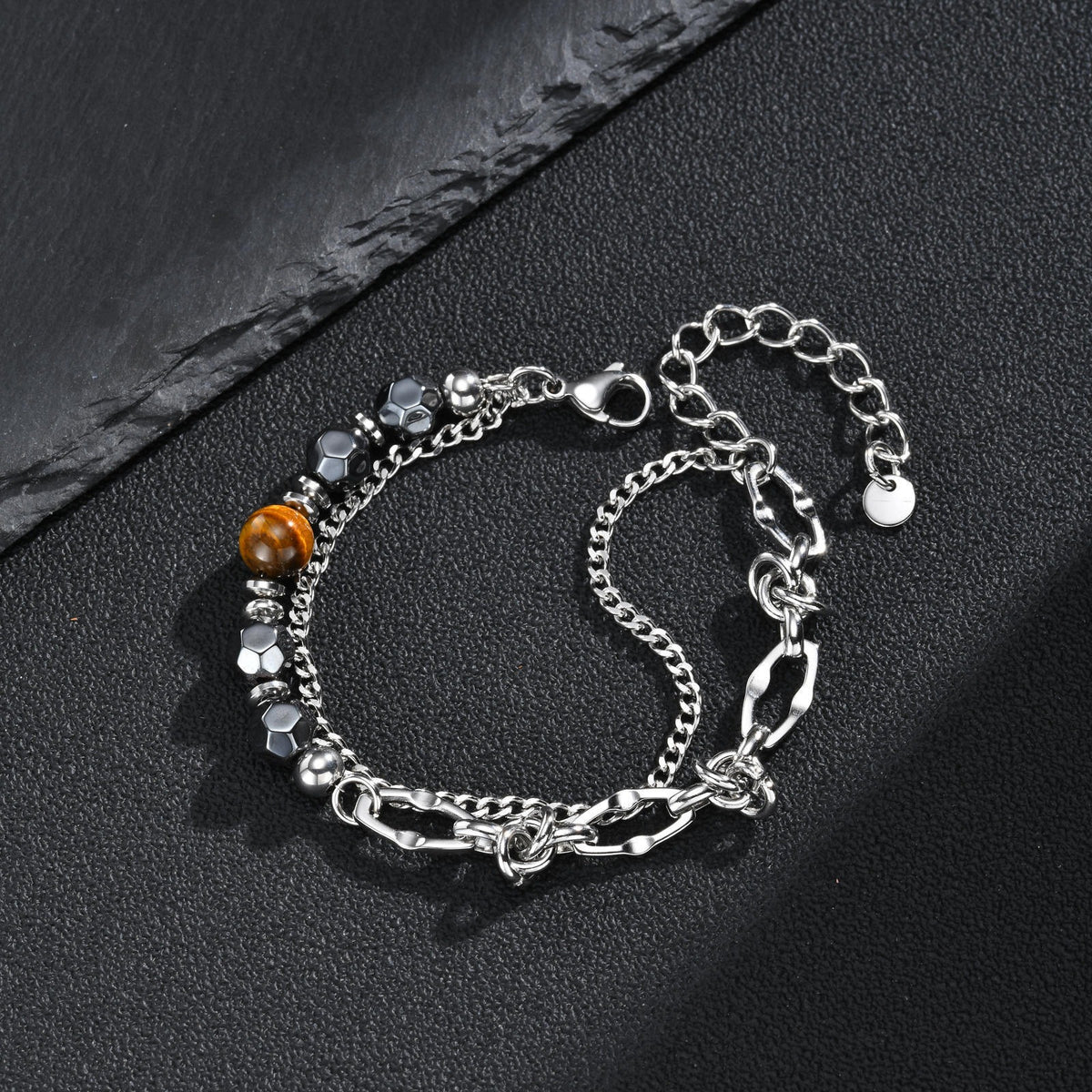 Kemstone Layered Bead & Chain Bracelet for Men with Stainless Steel Links BR-3281