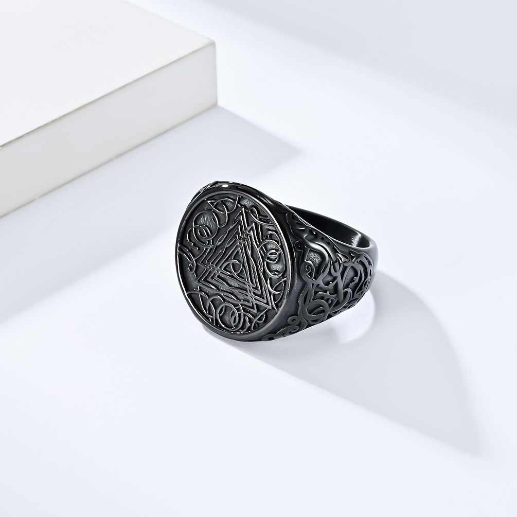 Kemstone Stainless Steel Viking Triangle Knot Signet Ring for Men Silver Black K-R735