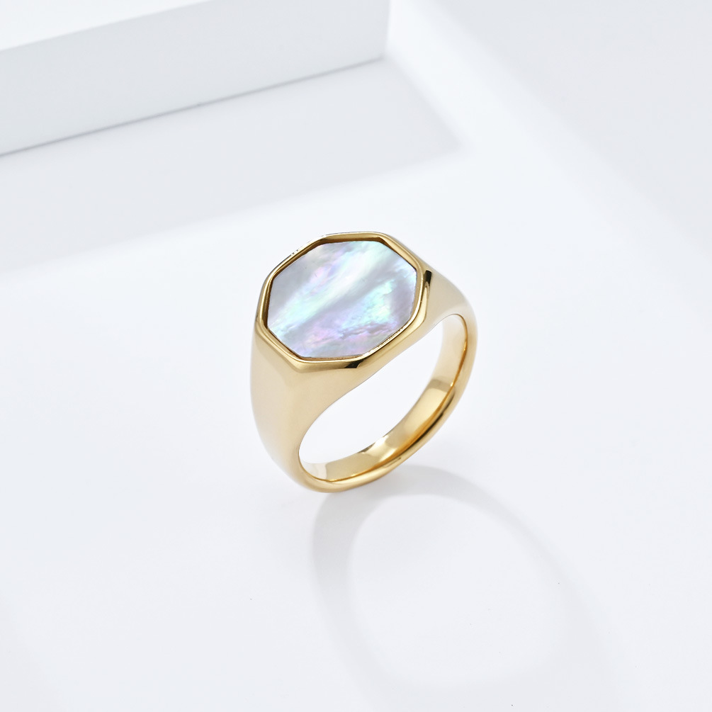 Kemstone Shell Inlay Ring for Men & Women Stainless Steel Hexagon Design K-R793