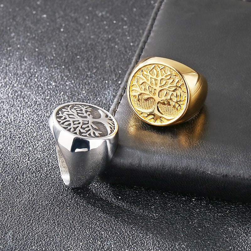 Kemstone Men’s Titanium Steel Tree of Life Ring – Vintage Signet Band K-R112702