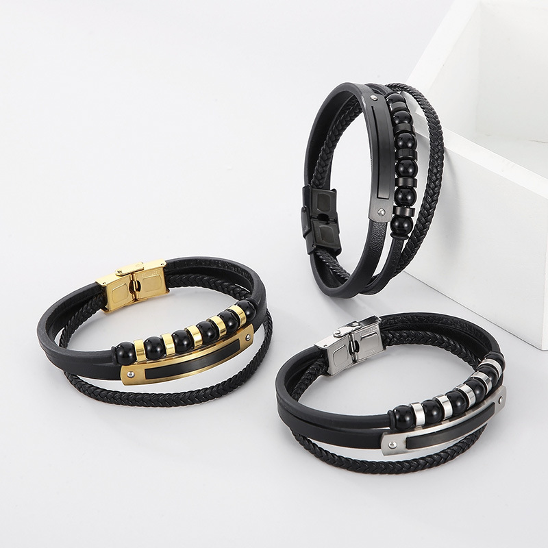 Kemstone Multi-Layer Braided Leather Bracelet for Men Beaded Titanium Steel KB147788-KLHQ