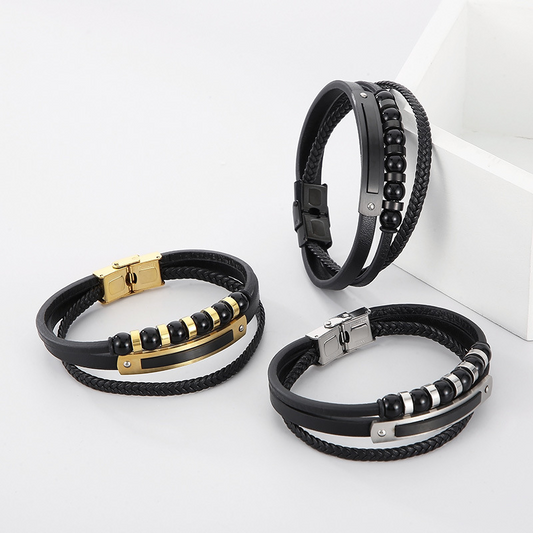 Kemstone Multi-Layer Braided Leather Bracelet for Men Beaded Titanium Steel KB147788-KLHQ