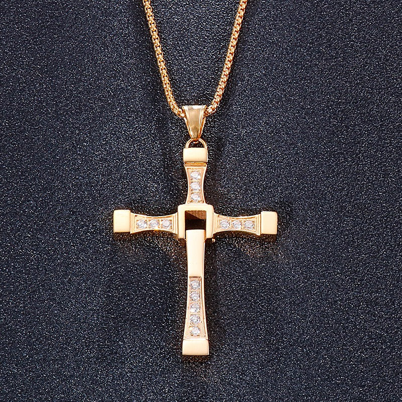 Kemstone Stainless Steel Hollow Moving Cross Pendant Necklace for Men Cubic Zirconia Inlay KP40312-K