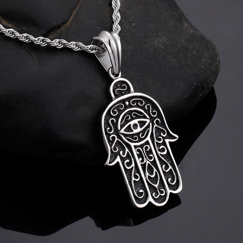 Kemstone Titanium Steel Hamsa Hand Mystic Eye Pendant Necklace for Men KP52755-BD