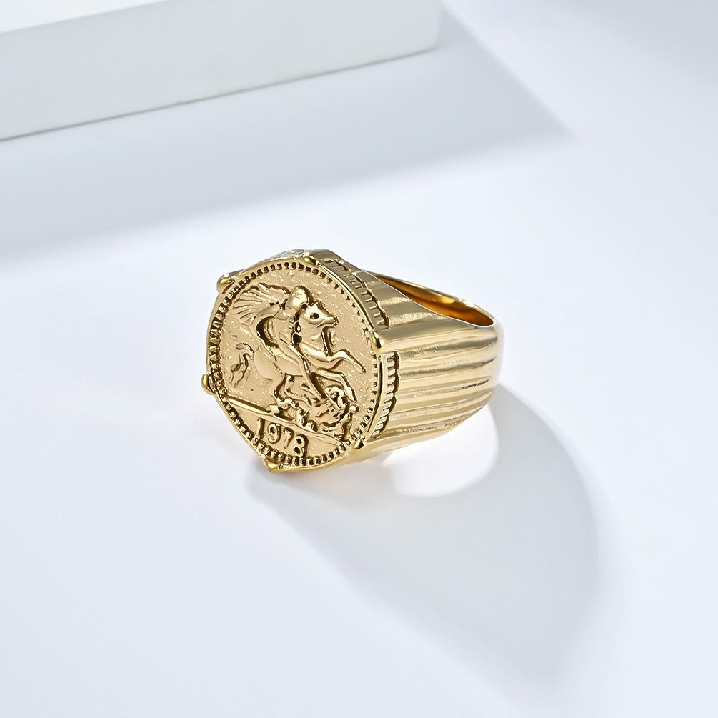 Kemstone Figure Relief Signet Ring for Men Stainless Steel Vintage Engraved K-R996