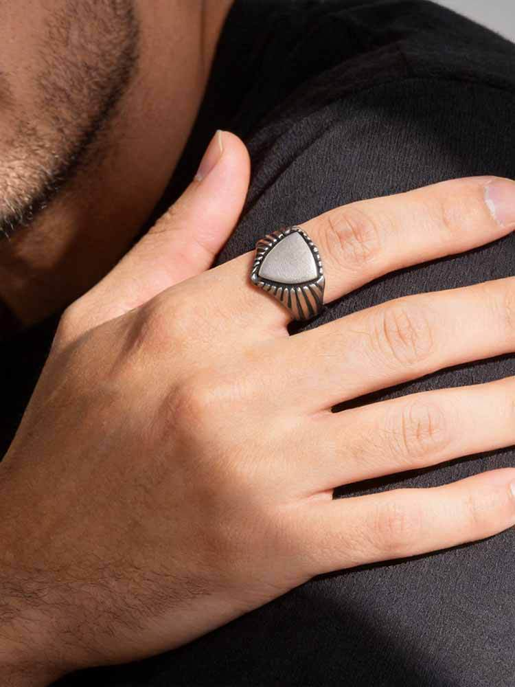 Kemstone Triangle Signet Ring Stainless Steel Brushed Silver for Men RC-843