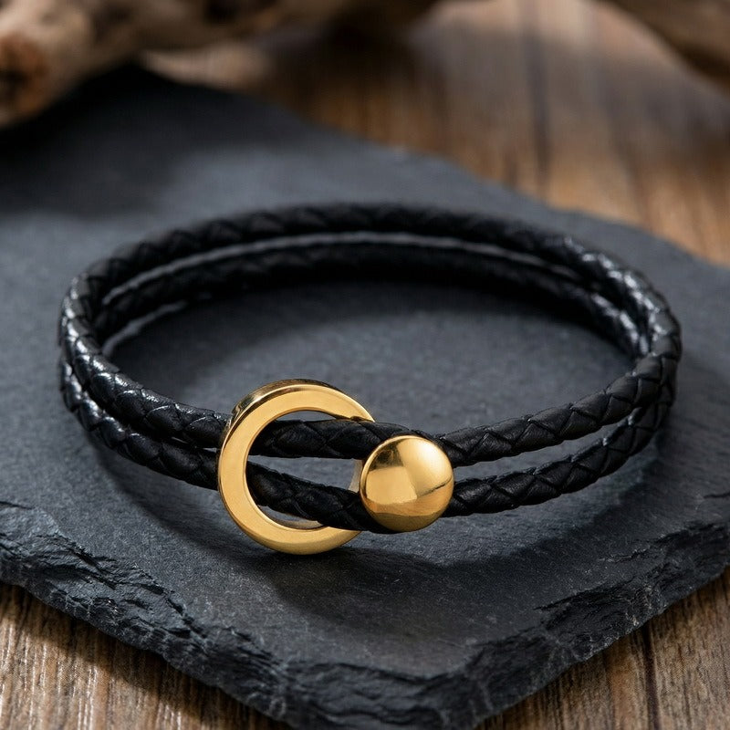 Kemstone Double Wrap Leather Bracelet for Men Titanium Steel Circle Clasp KB213788-GC