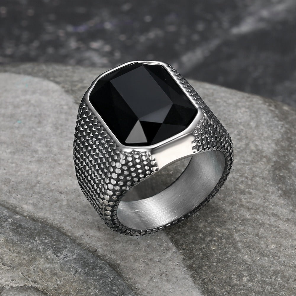 Kemstone Hip-hop Retro Distressed Zircon Men's Ring - Wide Band Stainless Steel Edgy Single Statement Piece TR0441
