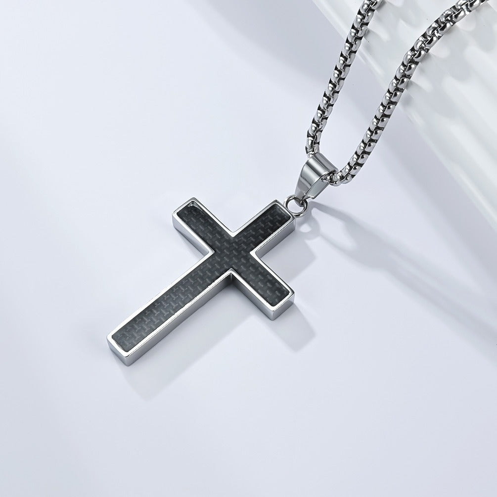 Kemstone Stainless Steel Cross Necklace for Men – Carbon Fiber Inlay Pendant K-PT666