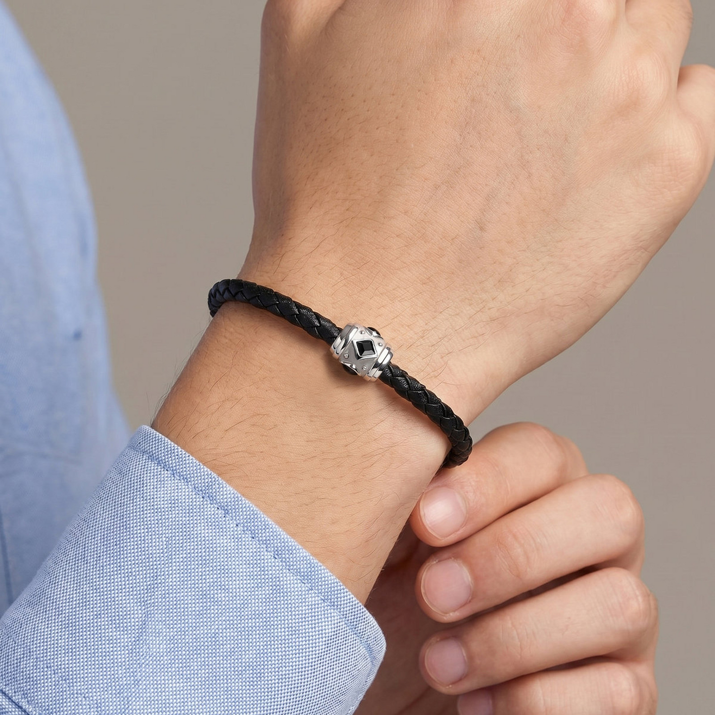 Kemstone Black Leather Bracelet for Men Stainless Steel Zirconia Agate Detail BL-812