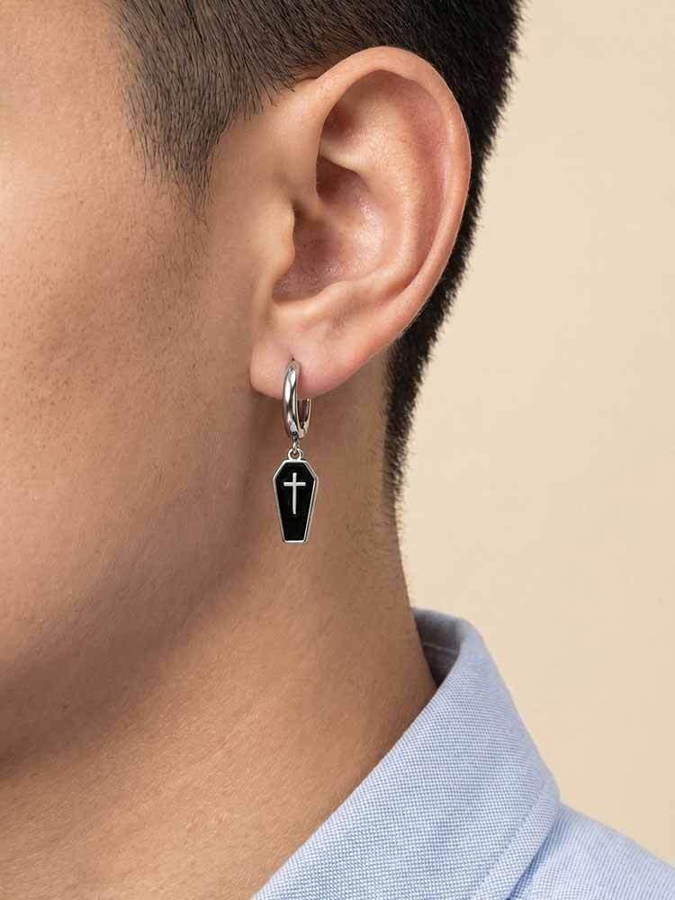 Kemstone Stainless Steel Cross Hoop Earring for Men Dark Drop ED-1090