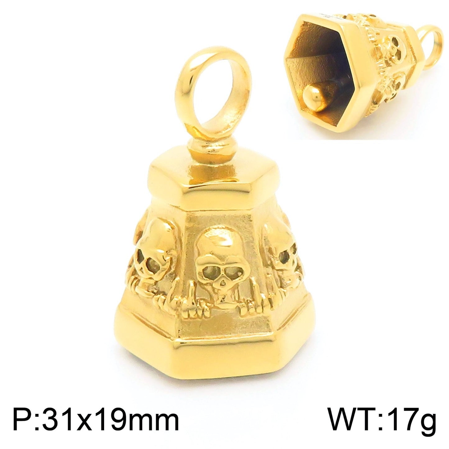 Kemstone Titanium Steel Skull Bell Pendant Necklace for Men Hexagon Gothic Silver Gold KP115582-KJX