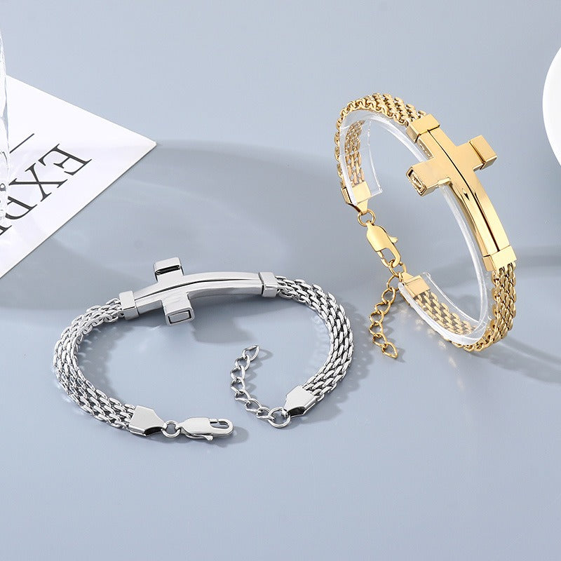 Kemstone Woven Chain Cross Bracelet for Men Titanium Steel KB213351-KFC