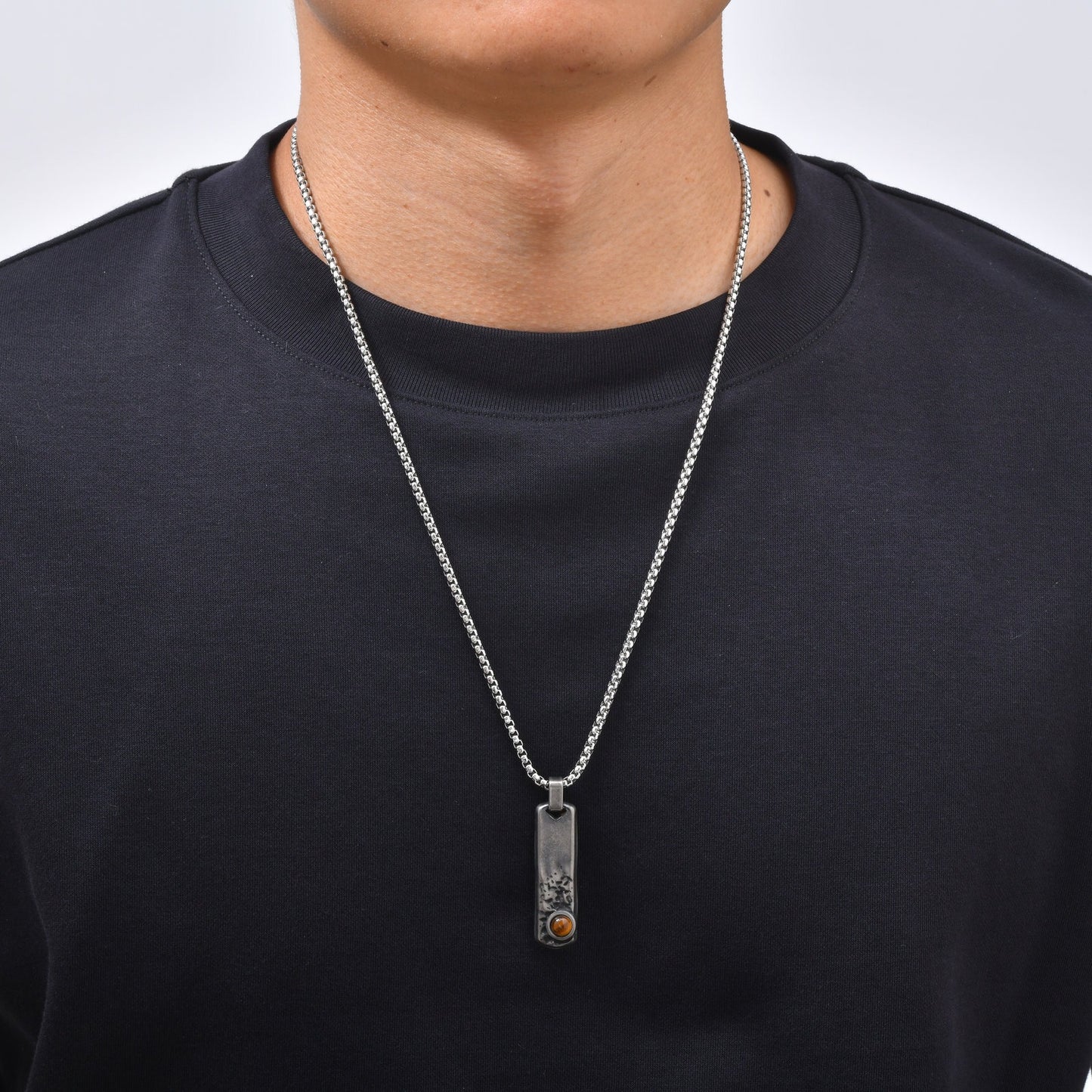 Kemstone Rectangular Tiger Eye Pendant Necklace for Men Stainless Steel Vintage Detail PN2384