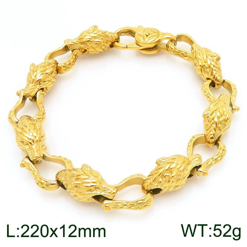 Kemstone Viking Tail-Biting Wolf Head Bracelet – Stainless Steel Vintage Design, Gold/Silver KB204389-KJX