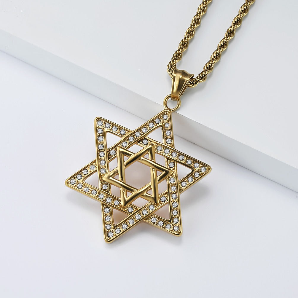 Kemstone Stainless Steel Six-Point Star Pendant Necklace – Rhinestone Hip Hop Style K-PT685