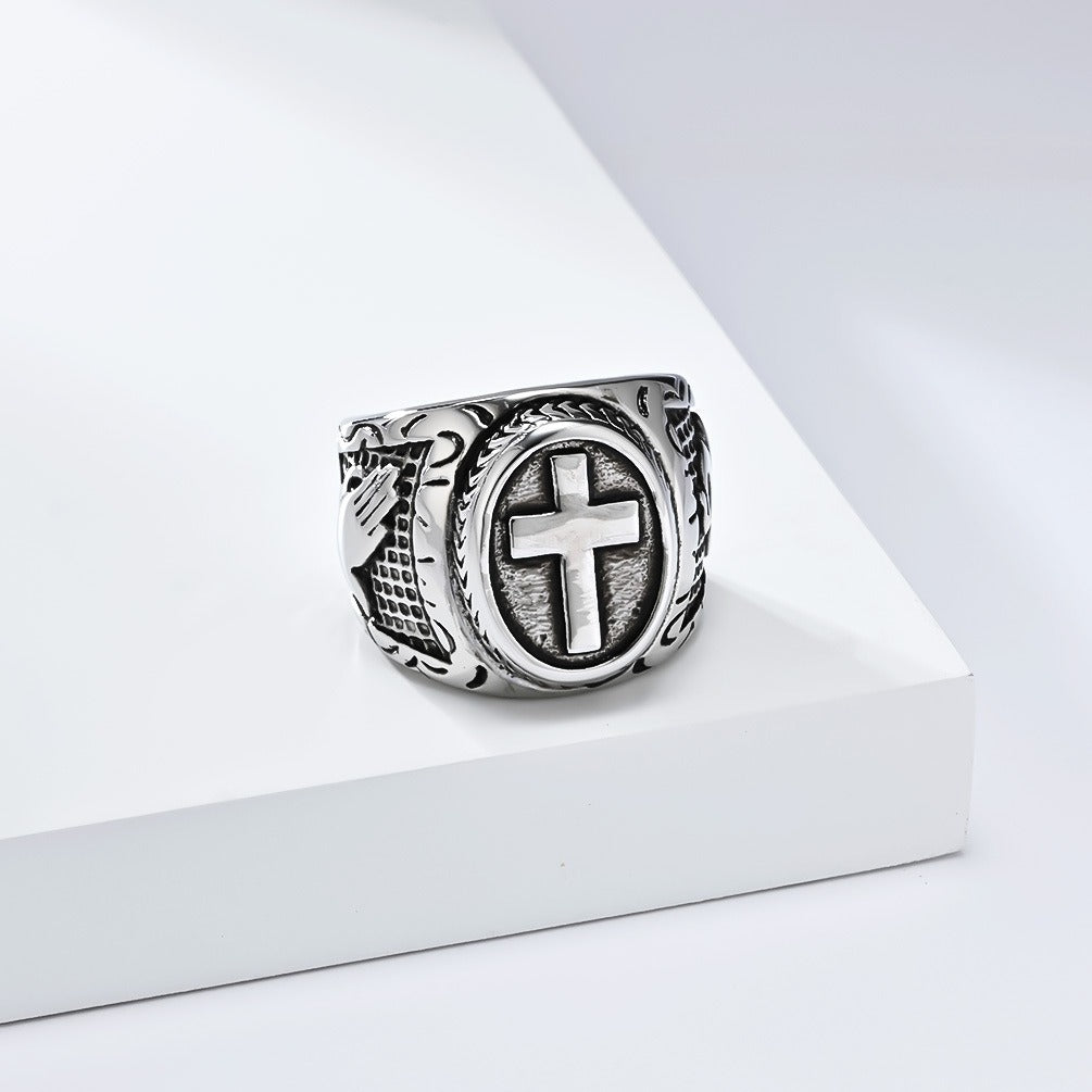 Kemstone Stainless Steel Vintage Cross Signet Ring for Men K-R958
