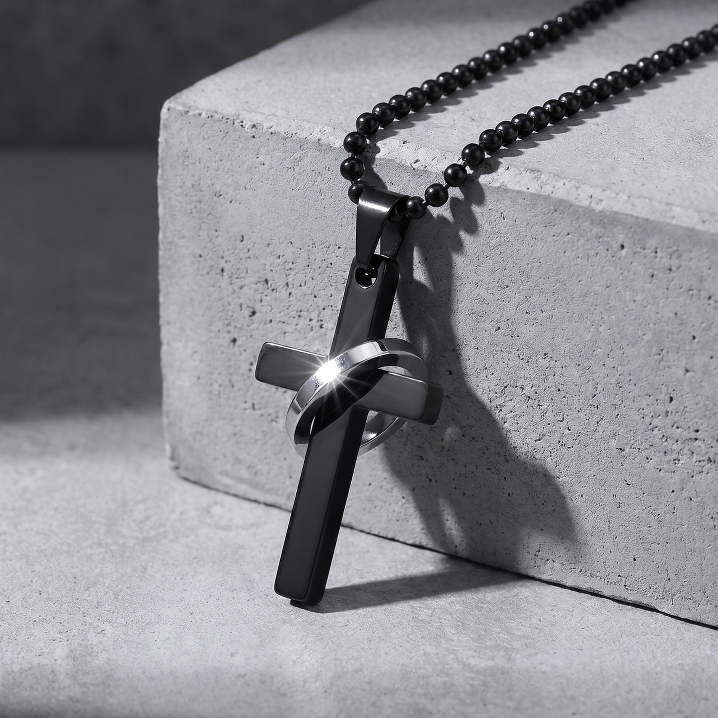 Kemstone Stainless Steel Cross Ring Pendant Necklace for Men Silver Black NC-3002