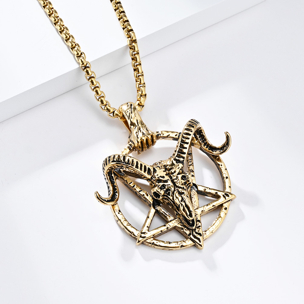 Kemstone Stainless Steel Goat Skull Pentagram Pendant Necklace – Gothic Vintage Design K-PT514