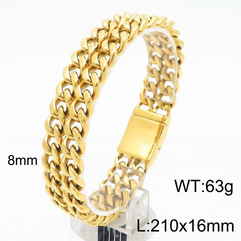 Kemstone Double Layer Cuban Chain Bracelet Titanium Steel Thick Link for Men Gold Silver KB184825-KJX