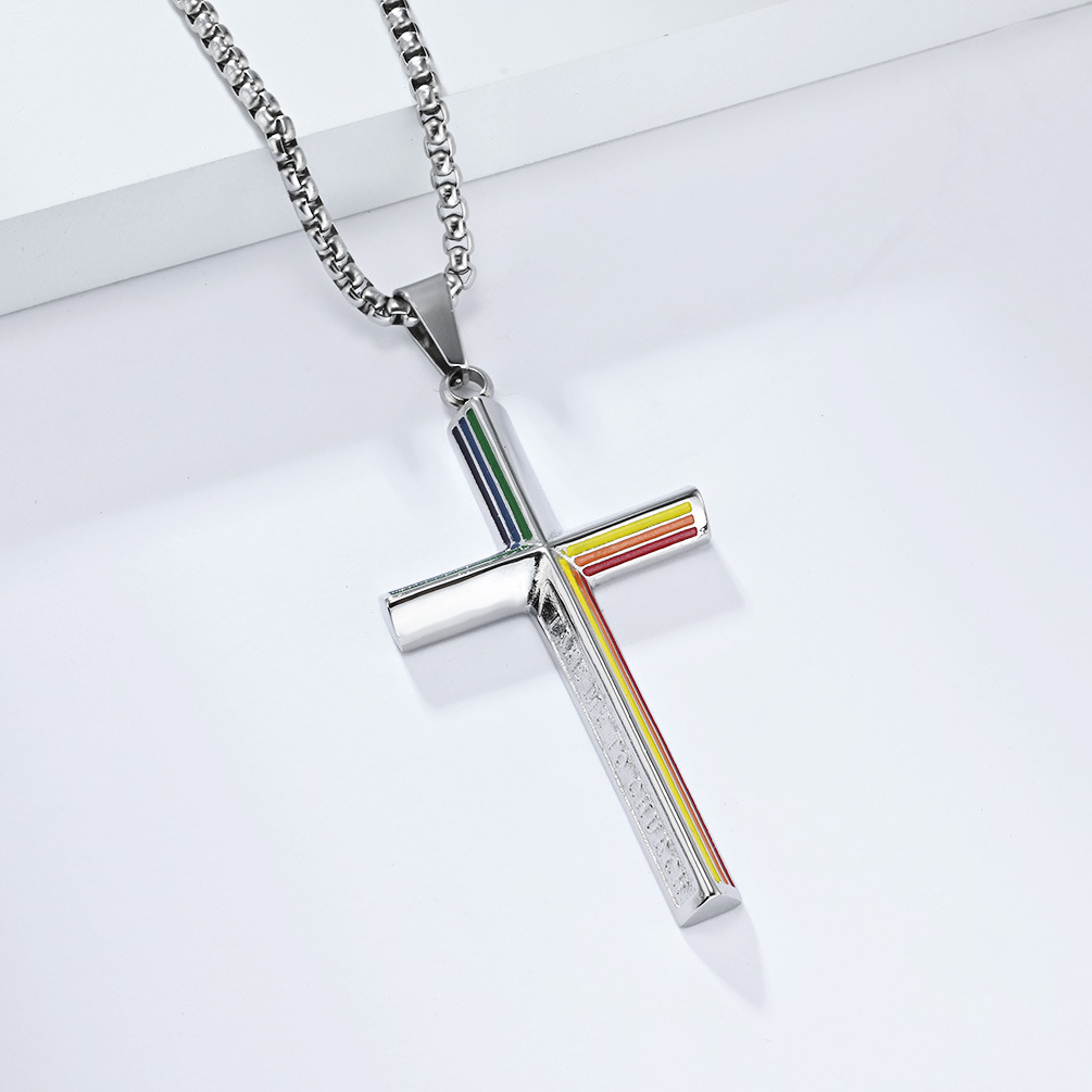 Kemstone Stainless Steel Rainbow Line Cross Pendant Necklace for Men Women K-PT524
