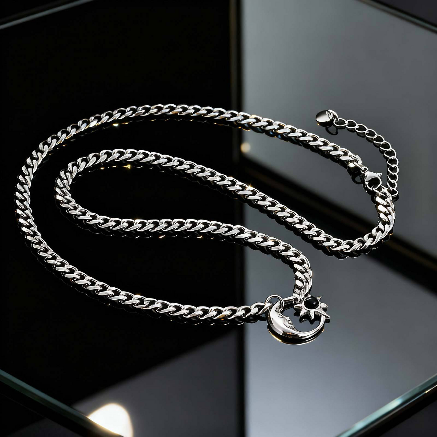 Kemstone Stainless Steel Sun Moon Pendant Necklace for Men – Opal Star Chain NC-2407