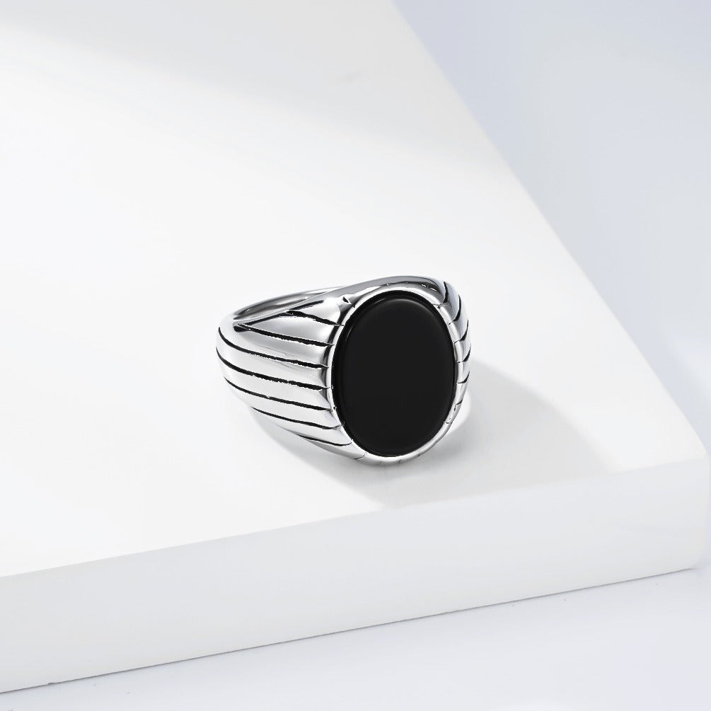 Kemstone Stainless Steel Black Stone Signet Ring for Men – Modern Masculine Oval Band K-R1175