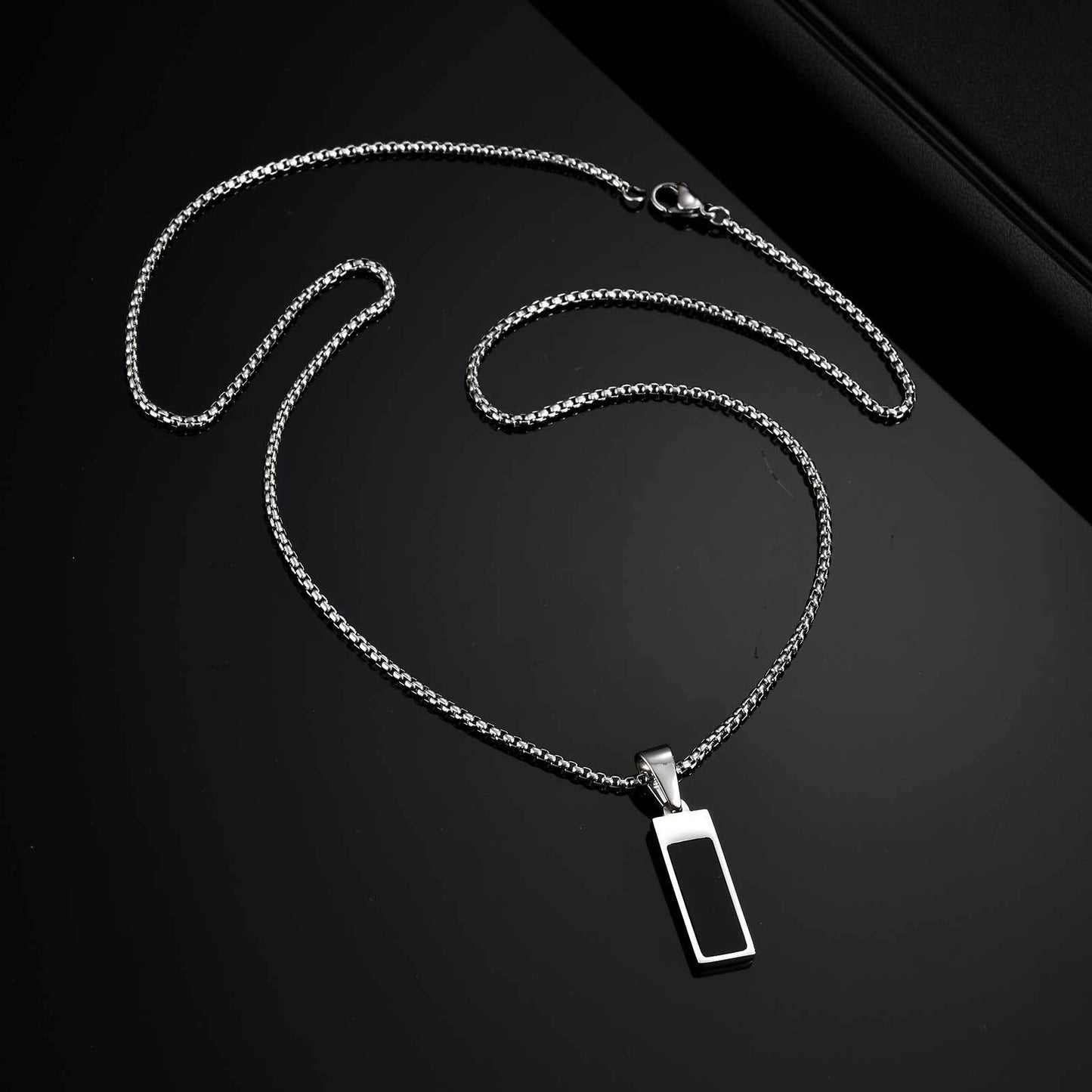 Kemstone Stainless Steel Black Acrylic Bar Pendant Necklace – Minimal Rectangle Style for Men PN-2179