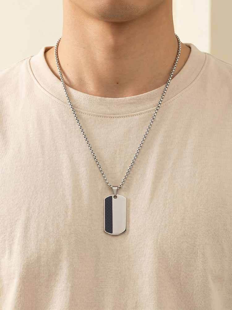 Kemstone Stainless Steel Carbon Fiber Tag Pendant Necklace for Men Silver PN-2160
