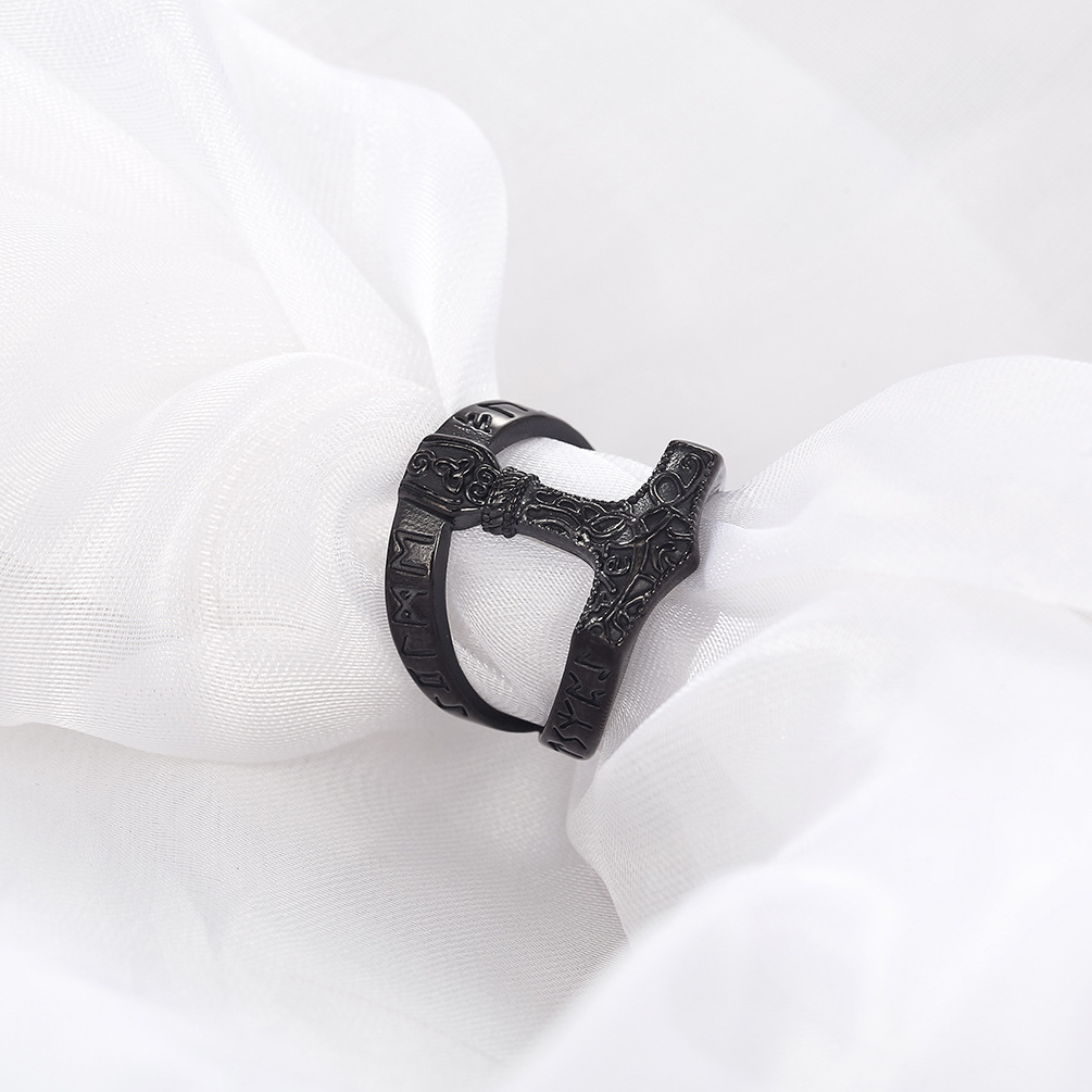 Kemstone Men’s Titanium Steel Ring – Viking Thor’s Hammer Rune Band K-R708