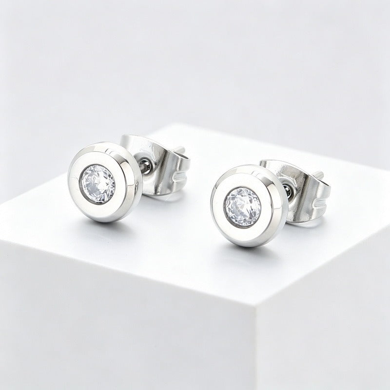 Kemstone Titanium Steel Round Cubic Zirconia Stud Earrings for Men & Women KE123975-GC