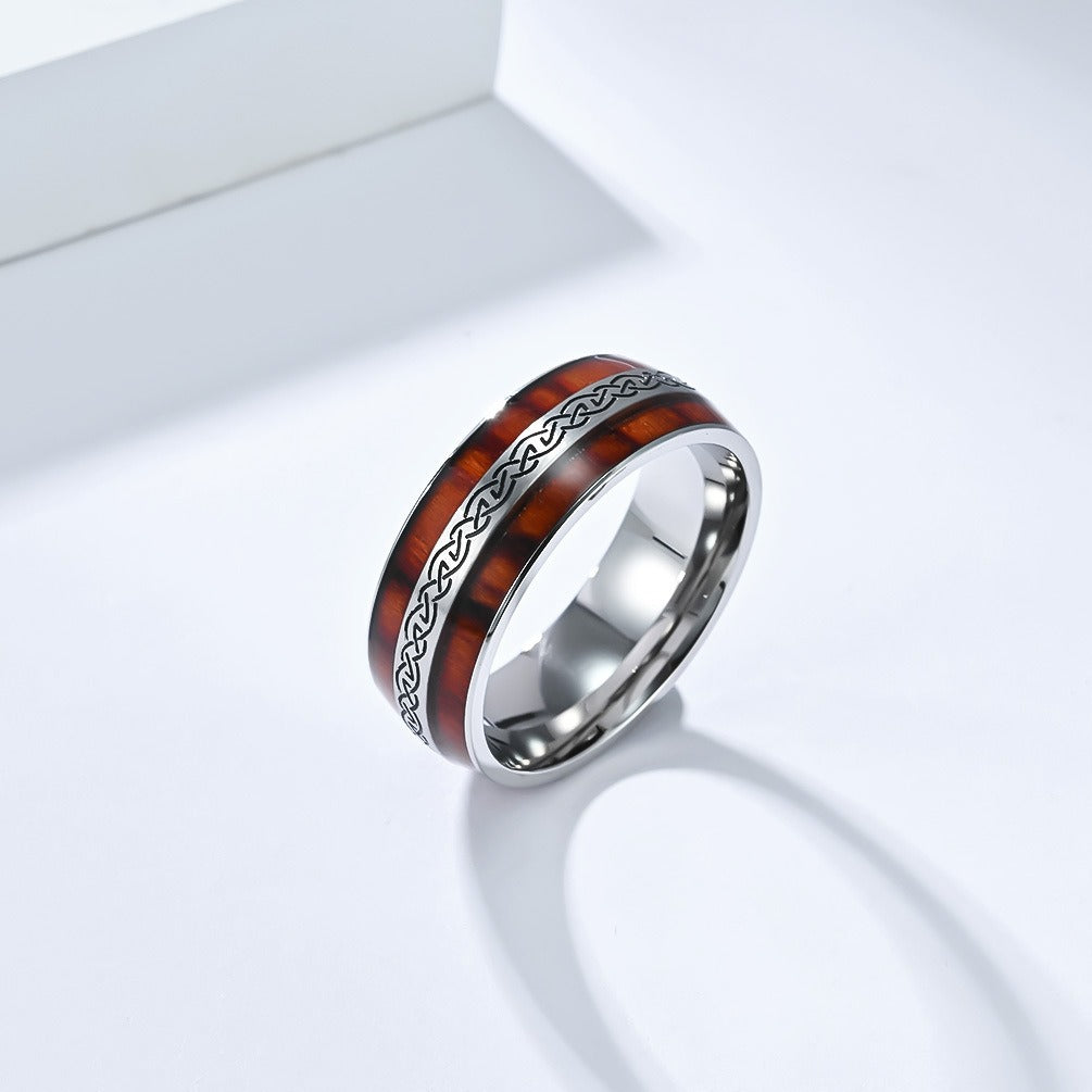 Kemstone Celtic Knot Wood Inlay Stainless Steel Ring for Men & Women K-R1026