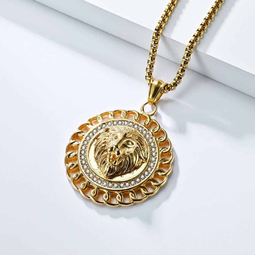 Kemstone Stainless Steel Lion Medallion Pendant Necklace for Men Gothic Vintage Animal Chain K-PT624