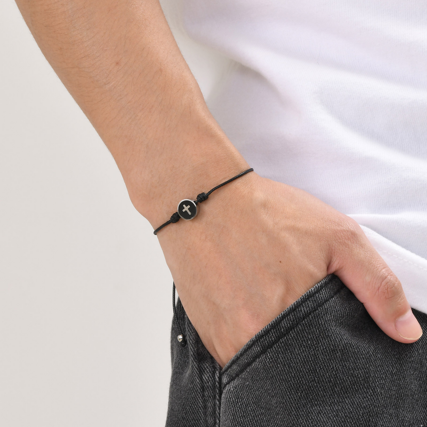 Kemstone Cross Bracelet for Men Stainless Steel Round Charm Adjustable Nylon Cord CB-195