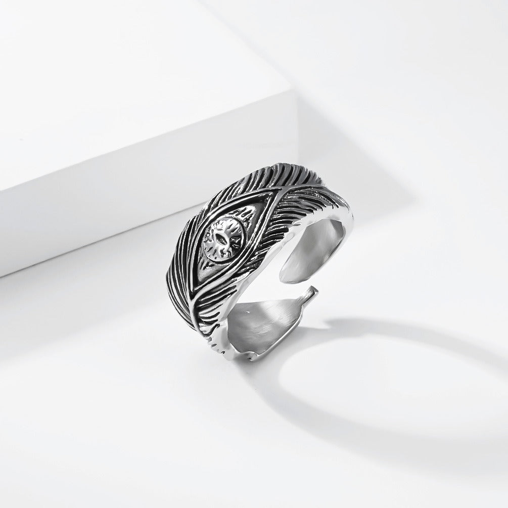 Kemstone Feather Ring for Men Titanium Steel Adjustable Open Band KR1155