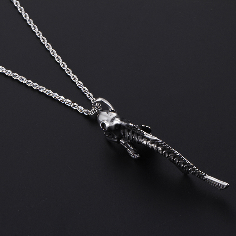 Kemstone Titanium Steel Shark Skeleton Pendant Necklace – Fish Bone Design for Men KP54478-BD