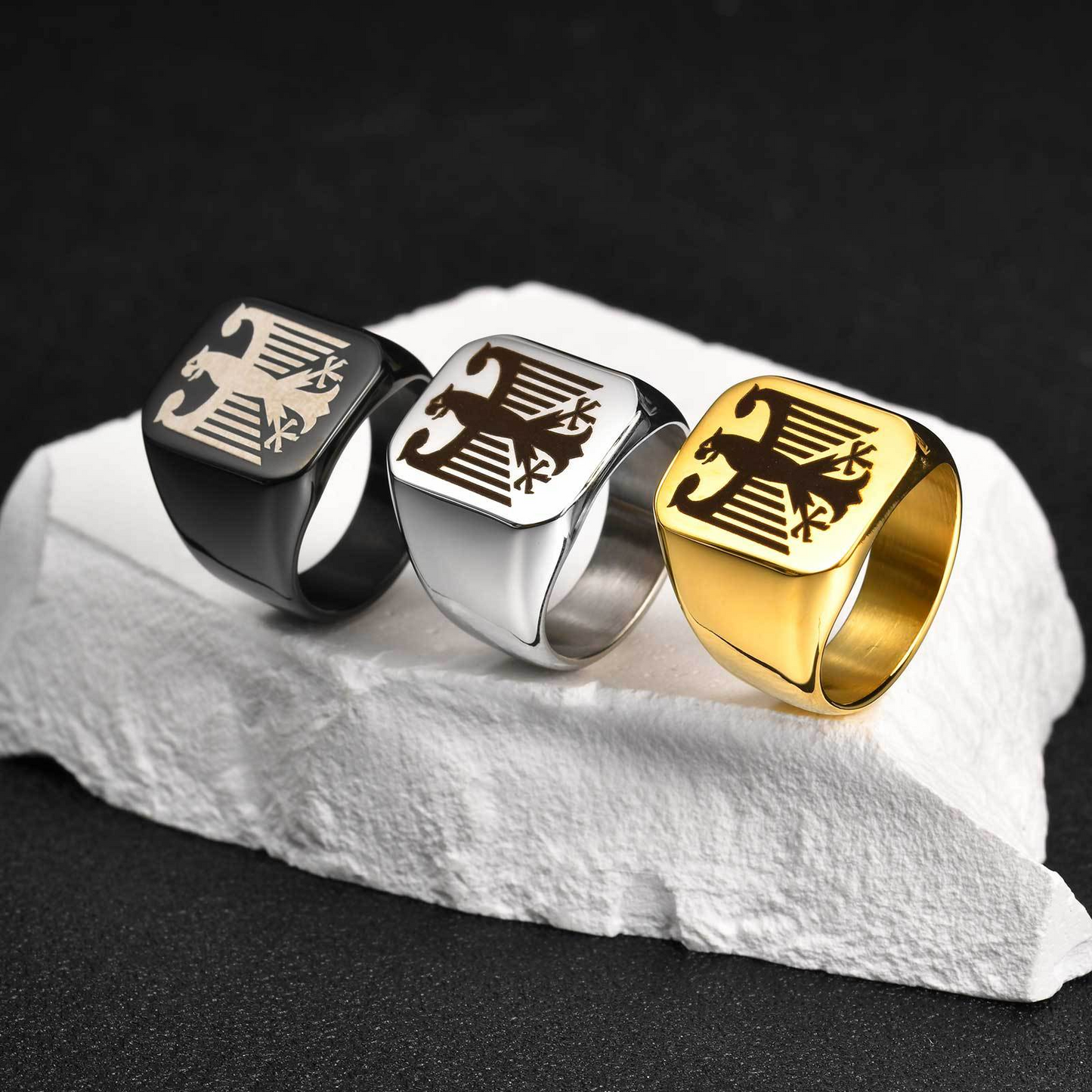 Kemstone Stainless Steel Eagle Signet Ring – Laser Engraved Rune Design for Men RC-294