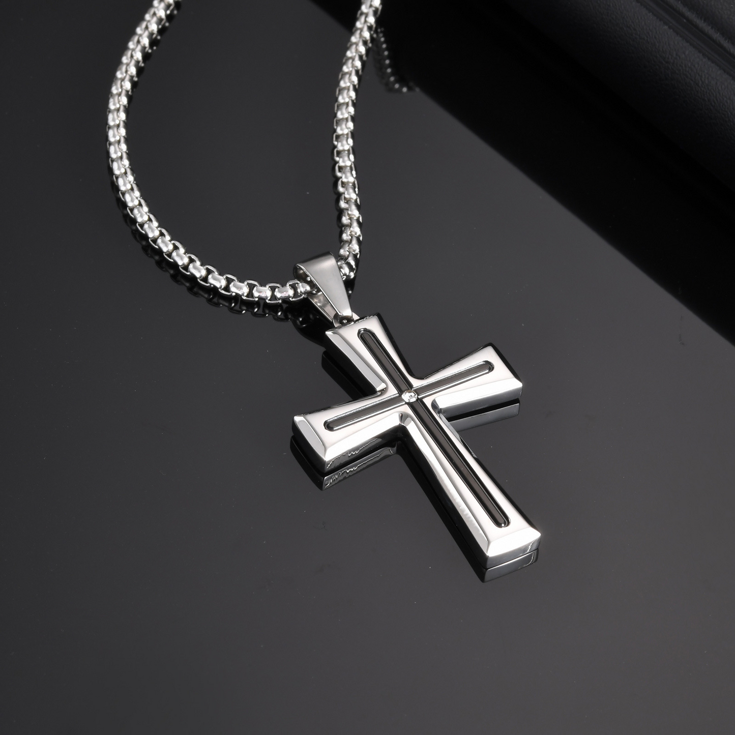 Kemstone Stainless Steel Cross Pendant Necklace for Men Cubic Zirconia Silver PN-2113