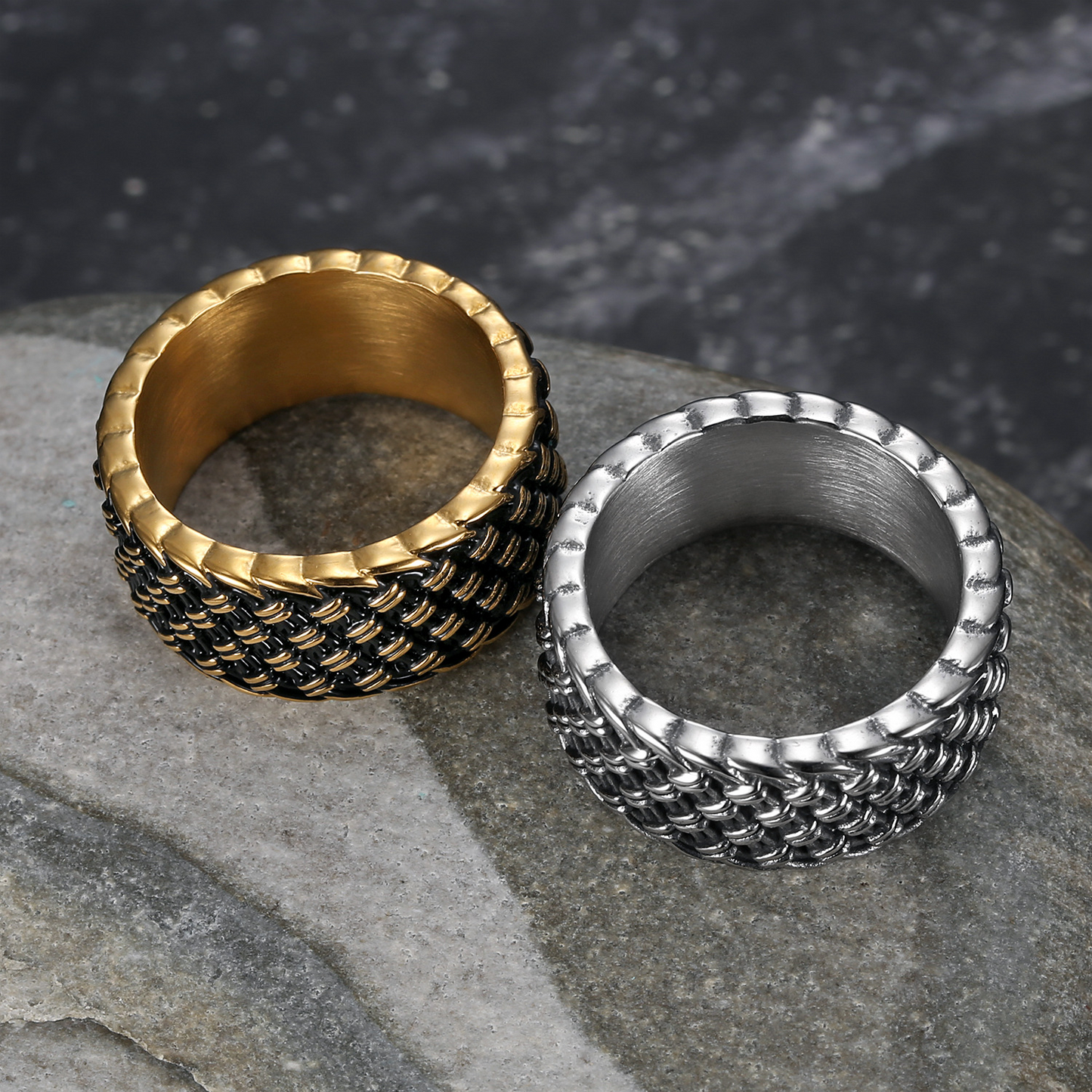 Kemstone Stainless Steel Woven Ring for Men – Vintage Punk Wide Design TR0457