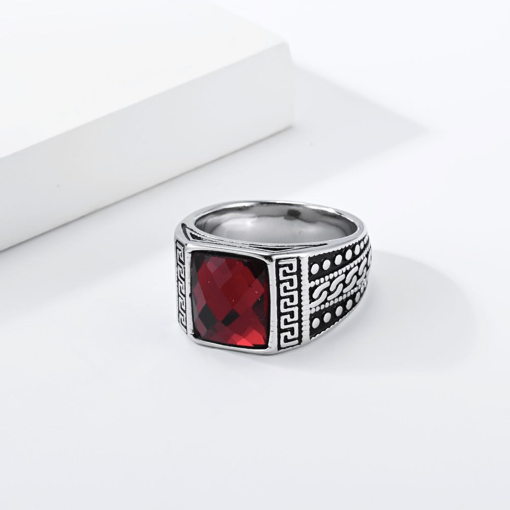 Kemston Stainless Steel Engraved Square Stone Signet Ring for Men R7007