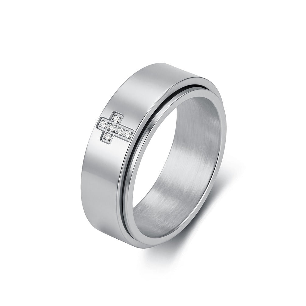 Kemston Rotating Cross Ring for Men & Women Stainless Steel Small Stone Detail K-R1220