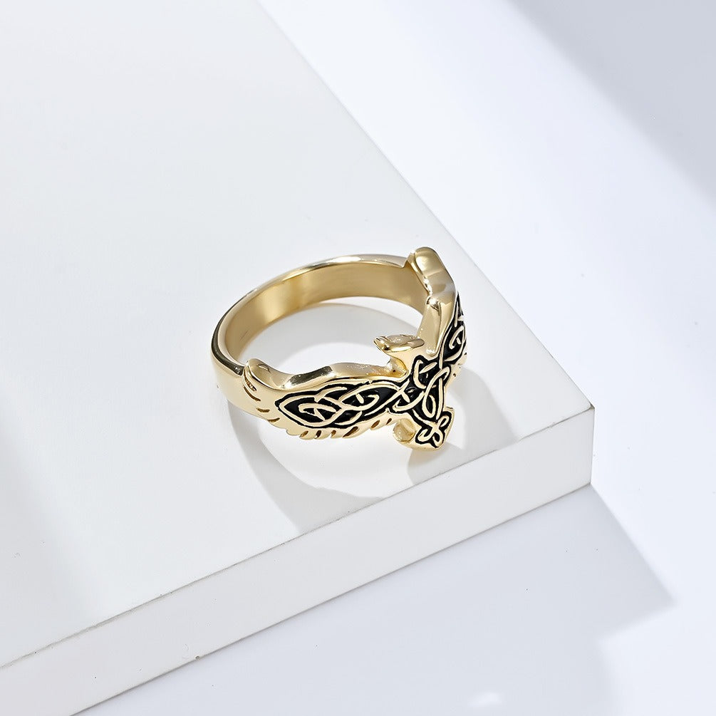 Kemstone Titanium Steel Celtic Eagle Knot Ring for Men, Vintage Symbolic Band, Silver/Gold/Black K-R718